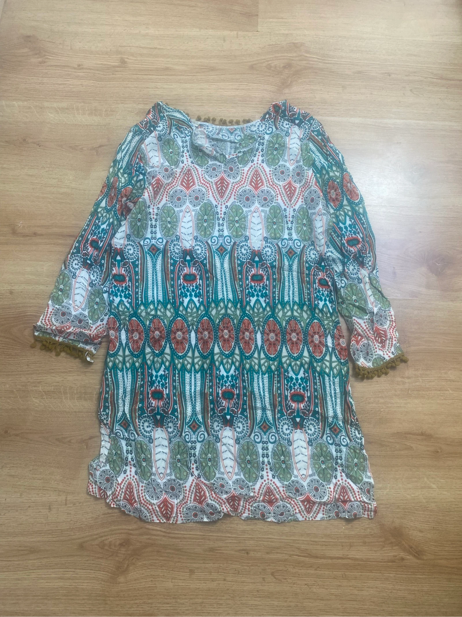 Robe Tunique Bohème Femme XL Imprimé Ethnique Mandala Multicolore - Manches 3/4 à Pompons